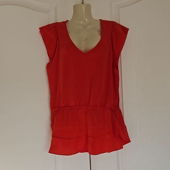 Joe Fresh Ladies Silk Blouse Elastic Waist With Peplum Hem Small Red - Picture 2 of 16